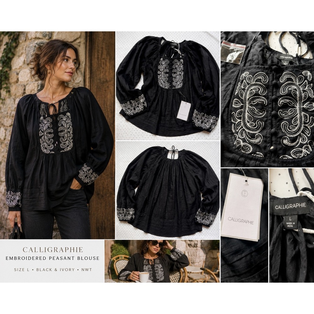 Calligraphie Embroidered Peasant Blouse Black Ivory Boho Top NWT Large